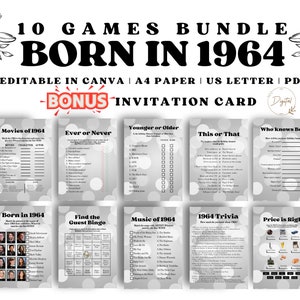 60th Birthday Games Bundle, Born in 1964 Birthday 60 year old Men Women Him Her, 1964 Trivia, 60th Birthday Party Games Editable Personalize