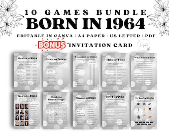Paquete de juegos para el 60.º cumpleaños: Trivial sobre los nacidos en 1964 (PDF, editable)