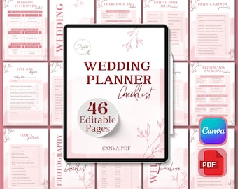 Lista de verificação do planejador de casamento: 46 páginas editáveis (Canva e PDF)