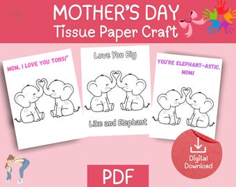Manualidad de elefante con papel de seda para el Día de la Madre / Actividad infantil con papel rasgado (PDF tamaño carta estadounidense)