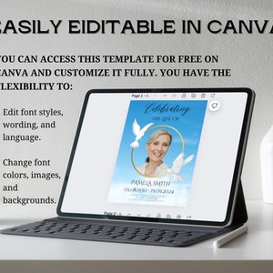 Pu&ograve; includere: Un mockup digitale di un modello Canva per un servizio commemorativo. Il modello presenta uno sfondo di cielo blu con colombe bianche e una cornice circolare dorata. Il testo "Celebrating the Life of" &egrave; in cima al modello. Il modello &egrave; personalizzabile con testo, immagini e colori.