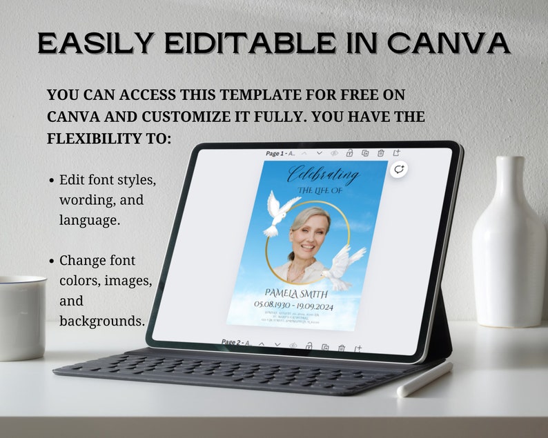 Pu&ograve; includere: Un mockup digitale di un modello Canva per un servizio commemorativo. Il modello presenta uno sfondo di cielo blu con colombe bianche e una cornice circolare dorata. Il testo "Celebrating the Life of" &egrave; in cima al modello. Il modello &egrave; personalizzabile con testo, immagini e colori.