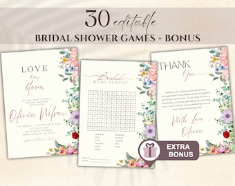 Wildflower Bridal Shower Games Bundle | Minimalist Floral Canva Templates (Digital Download)