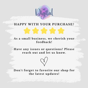 Pu&ograve; includere: Uno sfondo bianco con una valutazione a cinque stelle gialle e il testo "HAPPY WITH YOUR PURCHASE?" Il testo "As a small business, we cherish your feedback!" &egrave; sotto le stelle. Il testo "Have any issues or questions? Please reach out and let us know." &egrave; sotto il testo di feedback. Un simbolo di cuore &egrave; sotto il testo. Il testo "Don't forget to favorite our shop for the latest updates!" &egrave; sotto il simbolo del cuore.