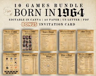 Pacote de jogos para o 60º aniversário: Nascido em 1964, 10 jogos de festa para imprimir (download instantâneo)