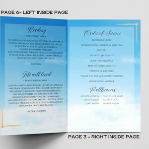 Pu&ograve; includere: Un programma funebre blu e bianco con un bordo dorato. La prima pagina presenta una lettura dalla Bibbia, Salmo 23:4, e una poesia intitolata "Una vita ben vissuta". L'ultima pagina include l'ordine del servizio, un elenco di portatori di bara e il testo "Pagina 3 - Pagina interna destra."