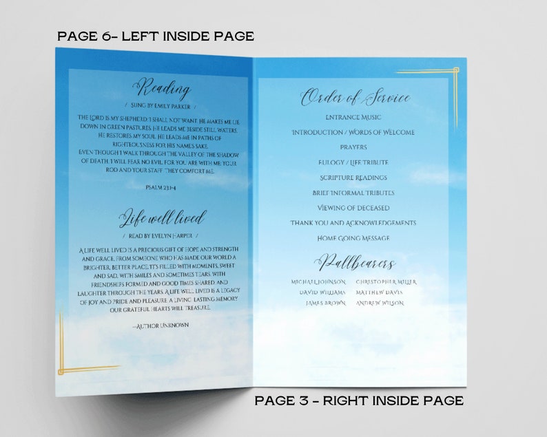 Pu&ograve; includere: Un programma funebre blu e bianco con un bordo dorato. La prima pagina presenta una lettura dalla Bibbia, Salmo 23:4, e una poesia intitolata "Una vita ben vissuta". L'ultima pagina include l'ordine del servizio, un elenco di portatori di bara e il testo "Pagina 3 - Pagina interna destra."