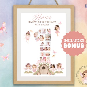 Collage di foto numero 1 del compleanno, regalo per il segno della pietra miliare delle foto del primo compleanno della bambina, modello di poster fotografico carino modificabile per il 1° compleanno, Canva