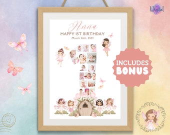 Baby Girl 1st Birthday Photo Collage: Milestone Sign (Canva Template)