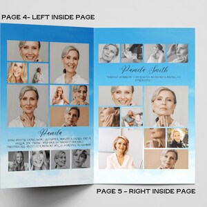 Pu&ograve; includere: Un biglietto commemorativo blu e bianco con un collage di foto di una donna. Il testo sulla carta recita "Pamela Smith" e "'In mezzo al dolore, i ricordi cari ci danno forza.'"