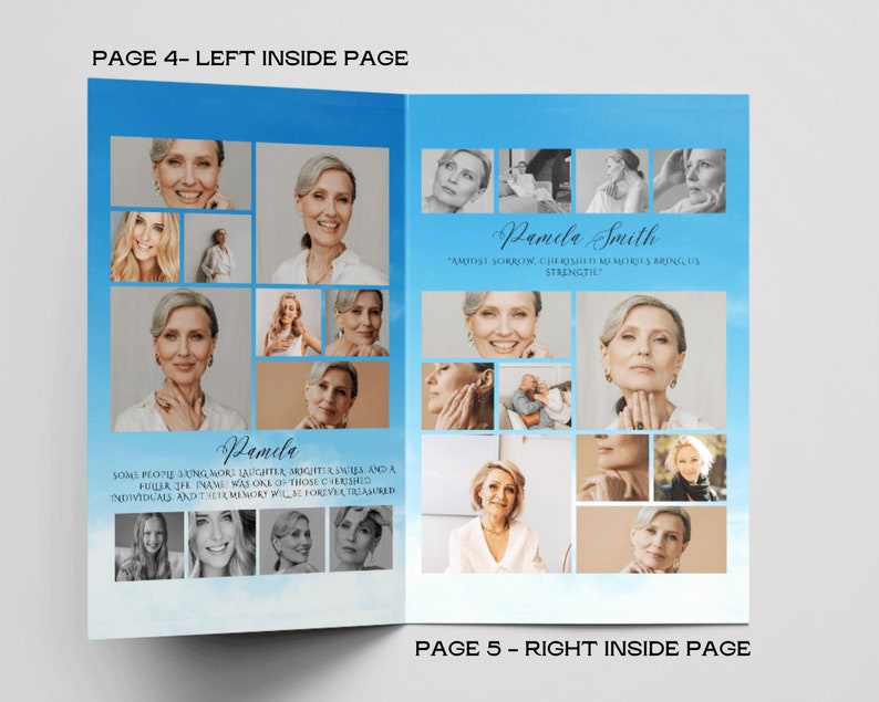Pu&ograve; includere: Un biglietto commemorativo blu e bianco con un collage di foto di una donna. Il testo sulla carta recita "Pamela Smith" e "'In mezzo al dolore, i ricordi cari ci danno forza.'"
