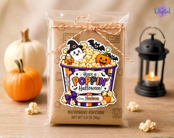 Etiquetas editables para regalos de palomitas de maíz de Halloween, obsequios imprimibles de Halloween, etiquetas para niños para pedir dulces, obsequios para el personal escolar, plantilla de Canva