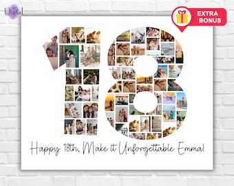 Modelo de colagem de fotos para aniversário de 18 anos: Presente personalizado e editável no Canva (Download digital instantâneo)
