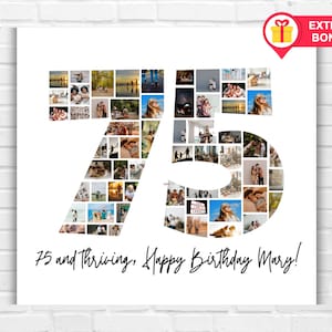 Plantilla de collage de fotos para el 75.° cumpleaños, regalo personalizado, collage de números, regalo familiar, Canva, regalos para él y para ella, 75.° aniversario