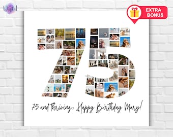 Collage de fotos para regalar por tu 75.º cumpleaños: Plantilla de número personalizada (descarga digital de Canva)