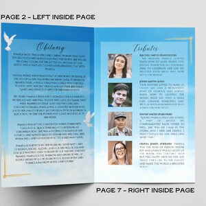 Pu&ograve; includere: Un biglietto commemorativo blu e bianco con un'immagine di colomba e il testo che recita "Obituary" e "Tributes". Il biglietto presenta un collage di foto di persone con testo sui loro ricordi del defunto.