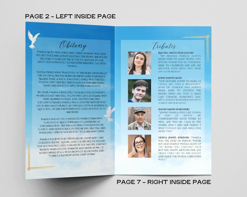 Pu&ograve; includere: Un biglietto commemorativo blu e bianco con un'immagine di colomba e il testo che recita "Obituary" e "Tributes". Il biglietto presenta un collage di foto di persone con testo sui loro ricordi del defunto.