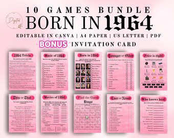 Paquete de juegos para fiesta de 61 cumpleaños: Nacidos en 1964, imprimible (PDF)