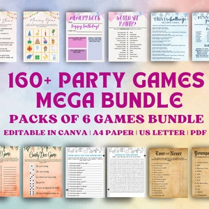160+ games Mega Bundle, Birthday Games, Modern Birthday Party Ideas, Editable Printable, 21st, 50th, 60th, Personalize in Canva, Lets Party