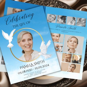 Programa conmemorativo 8 páginas, Obituario, Programa funerario Light Blue Cloud, Programa de celebración de la vida, Recuerdo, Folleto de memoria amorosa, Editable