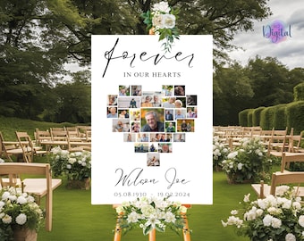 Modelo de colagem de fotos em formato de coração memorial: Placa de programa funerário (download digital)
