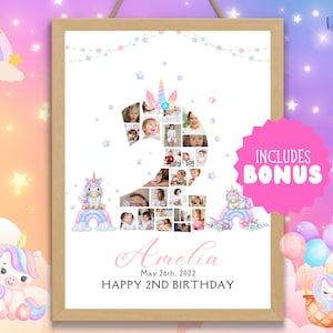 Unicorn 2nd Birthday Photo Collage: Editable Milestone Sign (Digital Download)