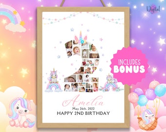 Unicorn 2nd Birthday Photo Collage: Editable Milestone Sign (Digital Download)