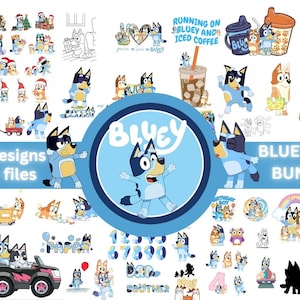 Op de afbeelding: Een digitale bundel met Bluey-personages en ontwerpen. De afbeelding bevat verschillende illustraties van Bluey, Bingo en andere personages, samen met de tekst "485+ designs" en "2900+ files". De bundel bevat ook de tekst "BLUEY BIG BUNDLE".