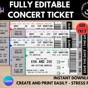 Peut inclure: Modèle numérique de billet de concert avec le texte "FULLY EDITABLE CONCERT TICKET". Les billets sont dans des tons de gris, vert et rouge, avec des détails tels que le code de l'événement et le numéro de siège. La taille est de 17,8 x 6,4 cm.