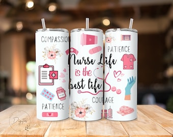 Nurse Life 20oz Tumbler Wrap: Floral Sublimation Design (PNG, PDF)