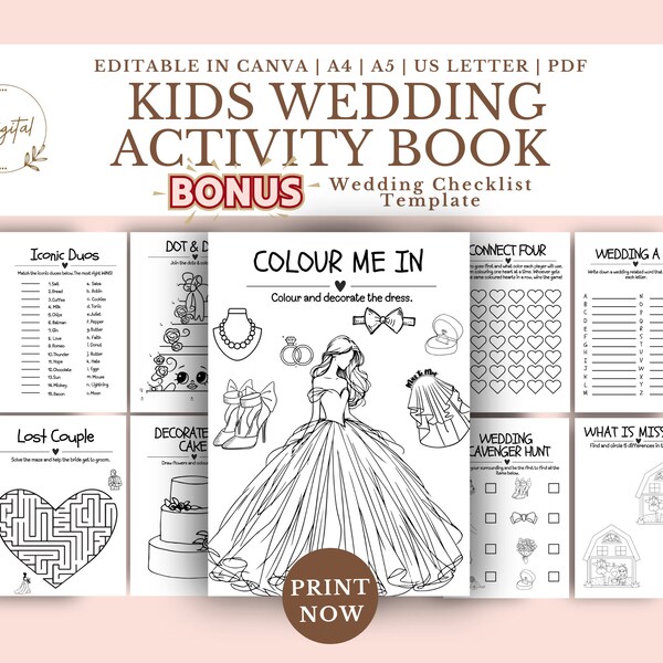 Kids Wedding Activity Coloring Book Wedding Table Activity Pack Reception Game Ideas Marriage Activity Kit Wedding table ideas Digital Files