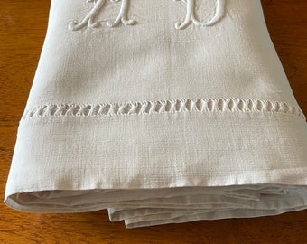 French Metis linen antique flat sheet with ladder trim and satin stitch monogram.