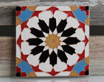Azulejo artesanal com relevo azulejo árabe hispano azulejo cerâmico Cuerda Seca revestimento de parede traseira de cozinha porta-copos de banheiro 10x10x1,2 cm