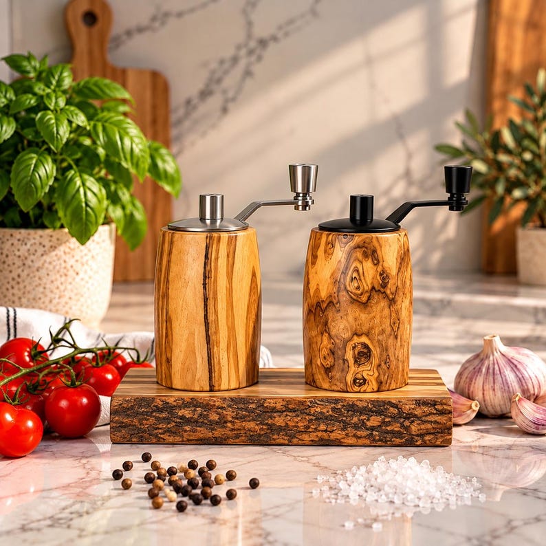 K&ouml;nnte beinhalten: Zwei zylindrische Gew&uuml;rzm&uuml;hlen aus Holz mit ausgepr&auml;gter Maserung, eine mit einer silberfarbenen Metallkurbel und die andere mit einer schwarzen Metallkurbel, auf einem rechteckigen Holzsockel mit nat&uuml;rlicher Rindenkante.