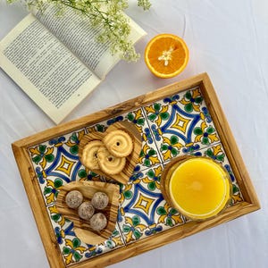 Tray made of olive wood Serving tray with oriental tiles Olive wood tray for serving breakfast