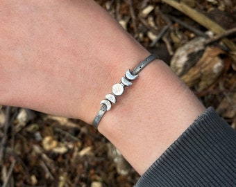 Sterling silver, Phases of the Moon cuff. Celestial bracelet. Size: Extra Small