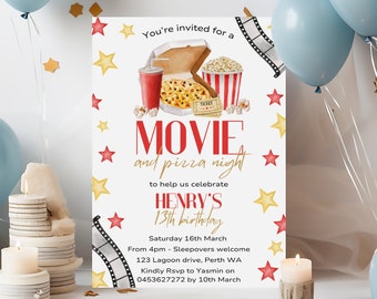 Pizza and Movie night birthday party invitation, popcorn and movie sleepover party invite, teenager slumber party movie printables