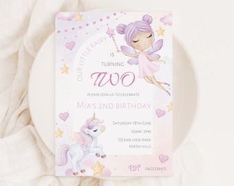 Editable Fairy Kisses and Unicorn Wishes Birthday Invitation Fairy First Birthday invitation Unicorn Birthday Invitation 1st Birthday invite