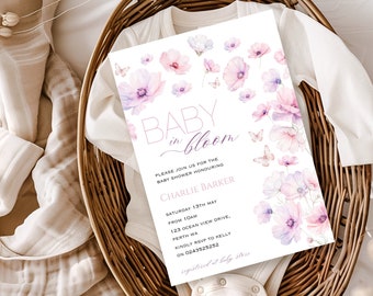 Invito per bambino in fiore, Invito per baby shower floreale, Invito per baby sprinkle rosa e viola, Invito per fiori selvatici e farfalle, Invito per bambina