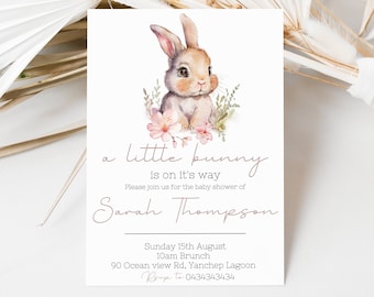 Editable A Little Bunny Is On Her Way Invitation Bunny Baby Shower Invitation Pink Flower Baby Shower Invitation Sakura Blossom Invite