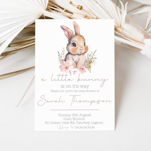Bewerkbare een klein konijntje is onderweg uitnodiging Bunny baby shower uitnodiging Roze bloem baby shower uitnodiging Sakura Blossom uitnodigen