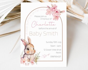 Editable A Little Bunny Is On Her Way Invitation Bunny Baby Shower Invitation Pink Flower Baby Shower Invitation Sakura Blossom Invite