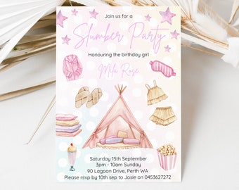 May include: A pink and white slumber party invitation with a watercolor illustration of a teepee tent, pajamas, a sleep mask, popcorn, and a milkshake. The text reads "Join us for a Slumber Party Honoring the birthday girl Mila Rose Saturday 15th September 3pm - 10am Sunday 90 Lagoon Drive, Perth WA Please rsvp by 10th sep to Josie on 0453627272"