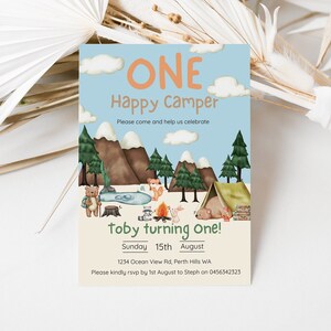 Redigerbar inbjudan till en glad campare, äventyret väntar, vår lilla campare, campinginbjudan, skogsdjursinbjudan