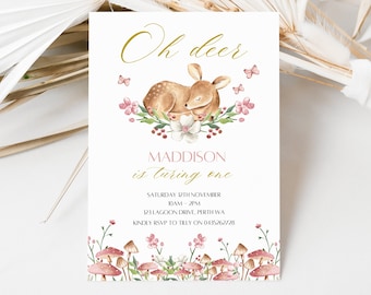 Oh deer girl's first birthday party invitation, our baby girl is one invite, Cute little deer, wildflower and mushrooms invitation