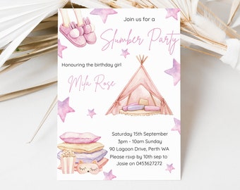 May include: Pink and white invitation for a slumber party with a teepee, stars, and slippers. The invitation says "Join us for a Slumber Party" and "Honoring the birthday girl Mila Rose".