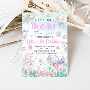 Editable Under The Sea Birthday Invitation Oneder The Sea Girls Birthday Invite Sea Animal Invitation Ocean Theme Invitation 1st birthday
