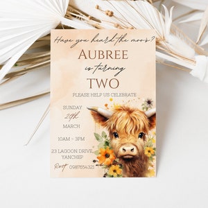 Editable Highland Cow Birthday Invitation Holy Cow Invitation Girls Birthday Invitation 2nd Birthday Invitation Cow Invitation