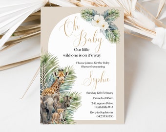 Editable Oh Baby Safari Invitation, A Little Wild One On The Way Invite, Oh Baby, Baby Shower Invitation, Jungle Animals Baby Shower Invite