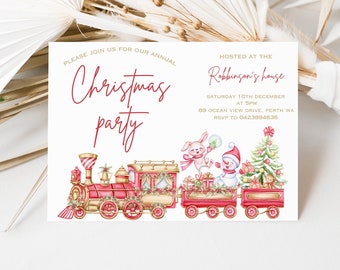 May include: A Christmas party invitation with a red and gold train carrying a snowman and a bunny. The invitation reads "Please join us for our annual Christmas party" and "Hosted at the Robbingan's house".
